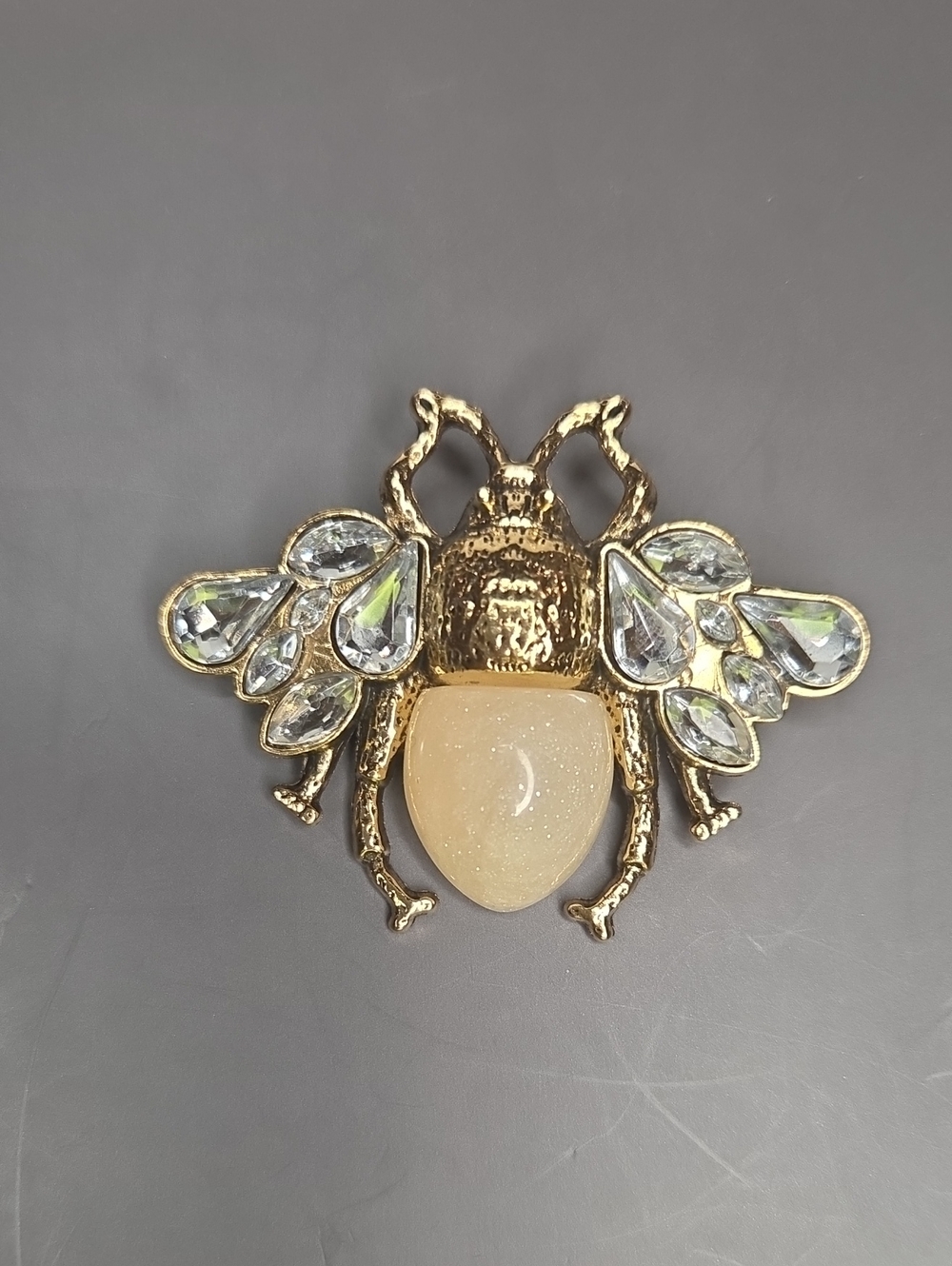 Gold Bee Brooch with Clear Crystal Wings and Champagne Body